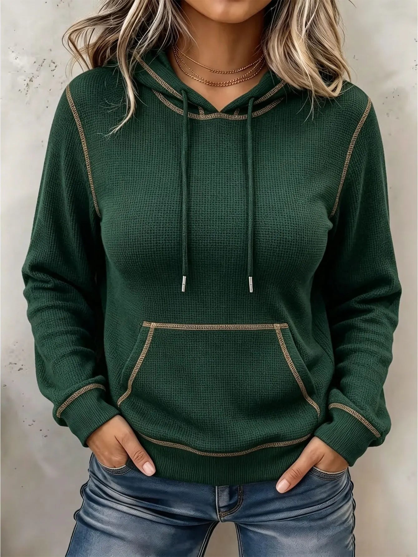 Casual White Waffle Knit Hoodie for Contrast Stitching Long Sleeve Pullover