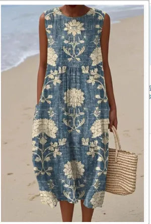 Round Neck Sleeveless 3D Floral Print Loose A-Line Midi Dress