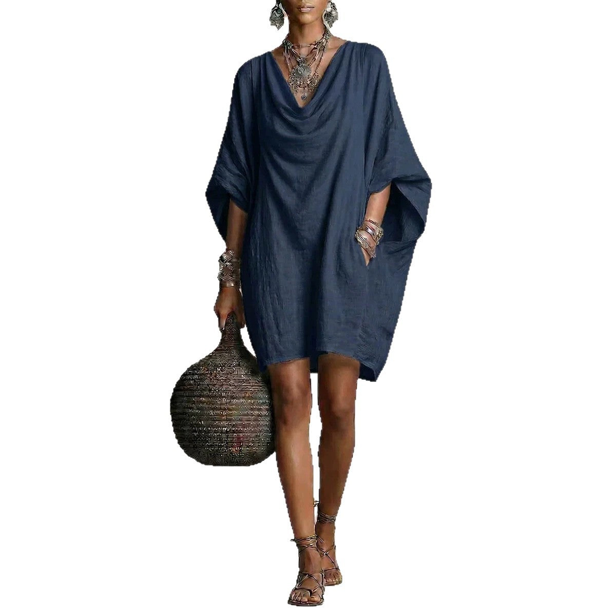 Dark Blue Cowl Neck Batwing Sleeve Midi Dress