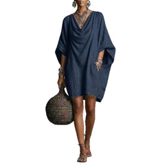 Dark Blue Cowl Neck Batwing Sleeve Midi Dress