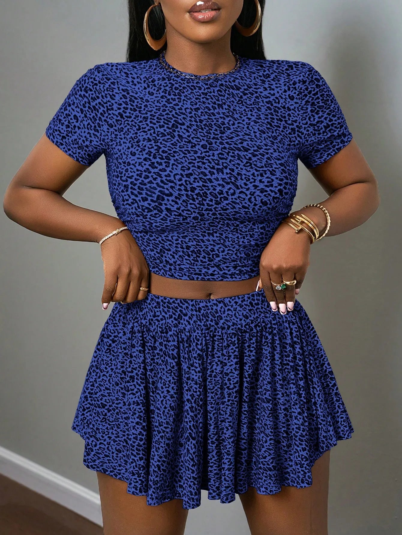 Leopard Print Crop Top & Ruffled Skort Two Piece Set