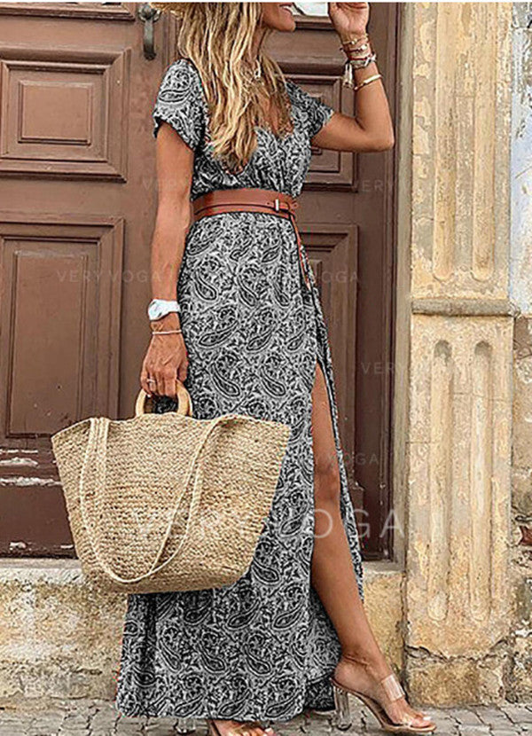 Wrap V Neck Short Sleeve Floral Print Maxi Dress