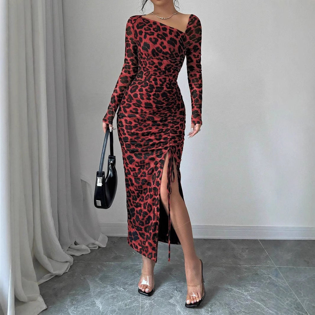 Leopard Print Mesh Midi Dress
