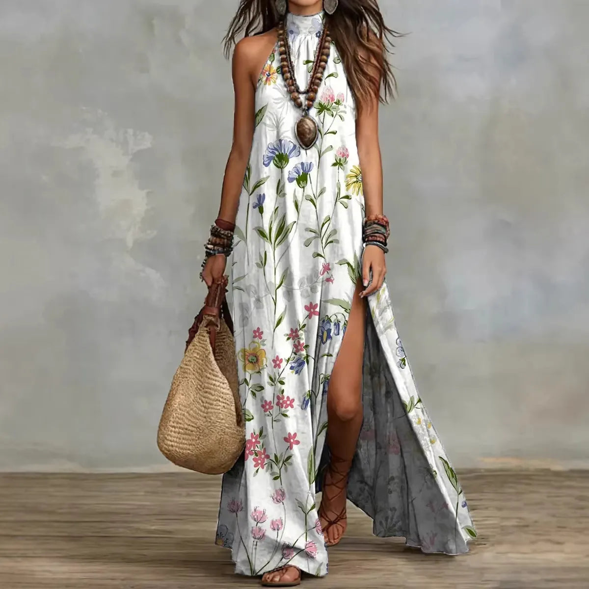 Bohemian Print Halter Neck Sleeveless Maxi Dress