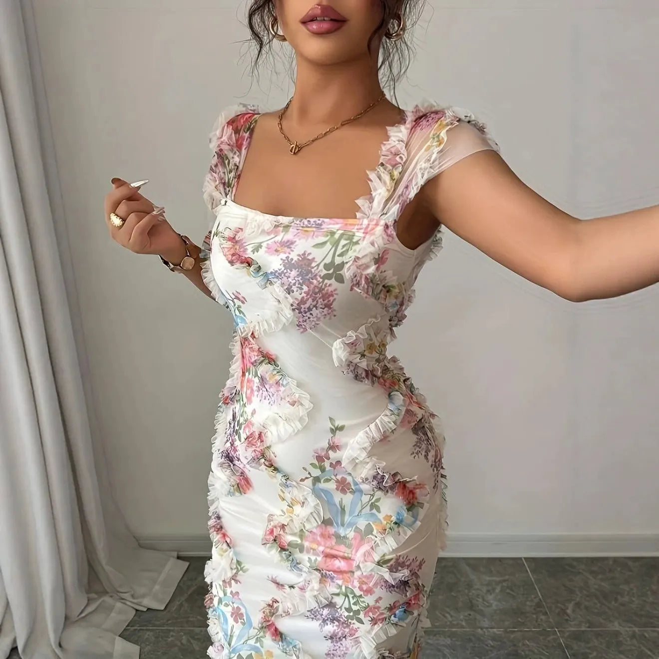 Square Neck Mesh Short Sleeve Floral Print Slim Midi Dress