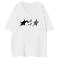 V Neck Pentagram Print Loose Pure Cotton Short Sleeve Casual T-shirt