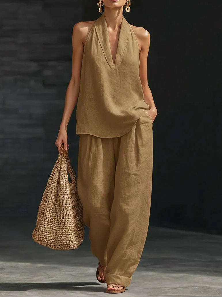 Halter Sleeveless Top & Wide Leg Pants Two Piece Casual Set