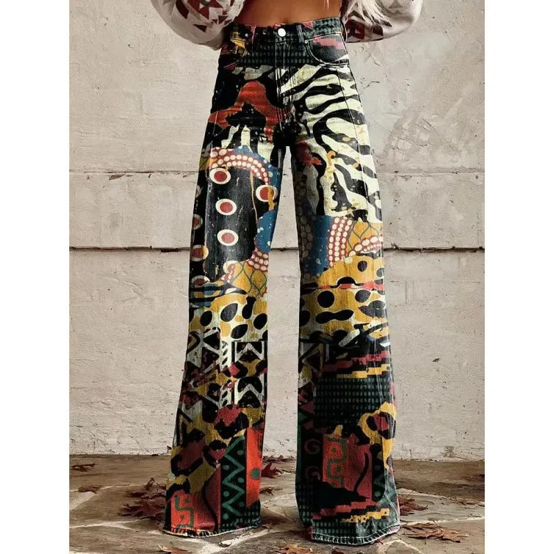 High Waist Western Cowboy Horse Print Wide Leg Pants