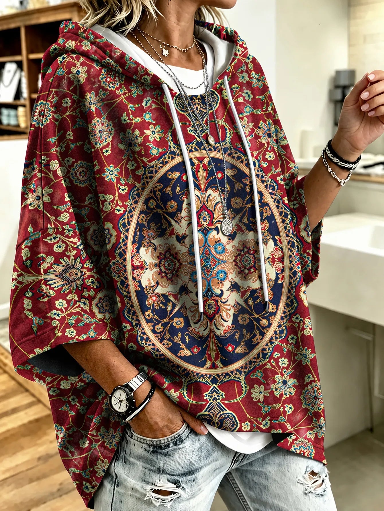 Vintage Floral 3D Print Hooded Seven‑Quarter Sleeve Sweatshirt