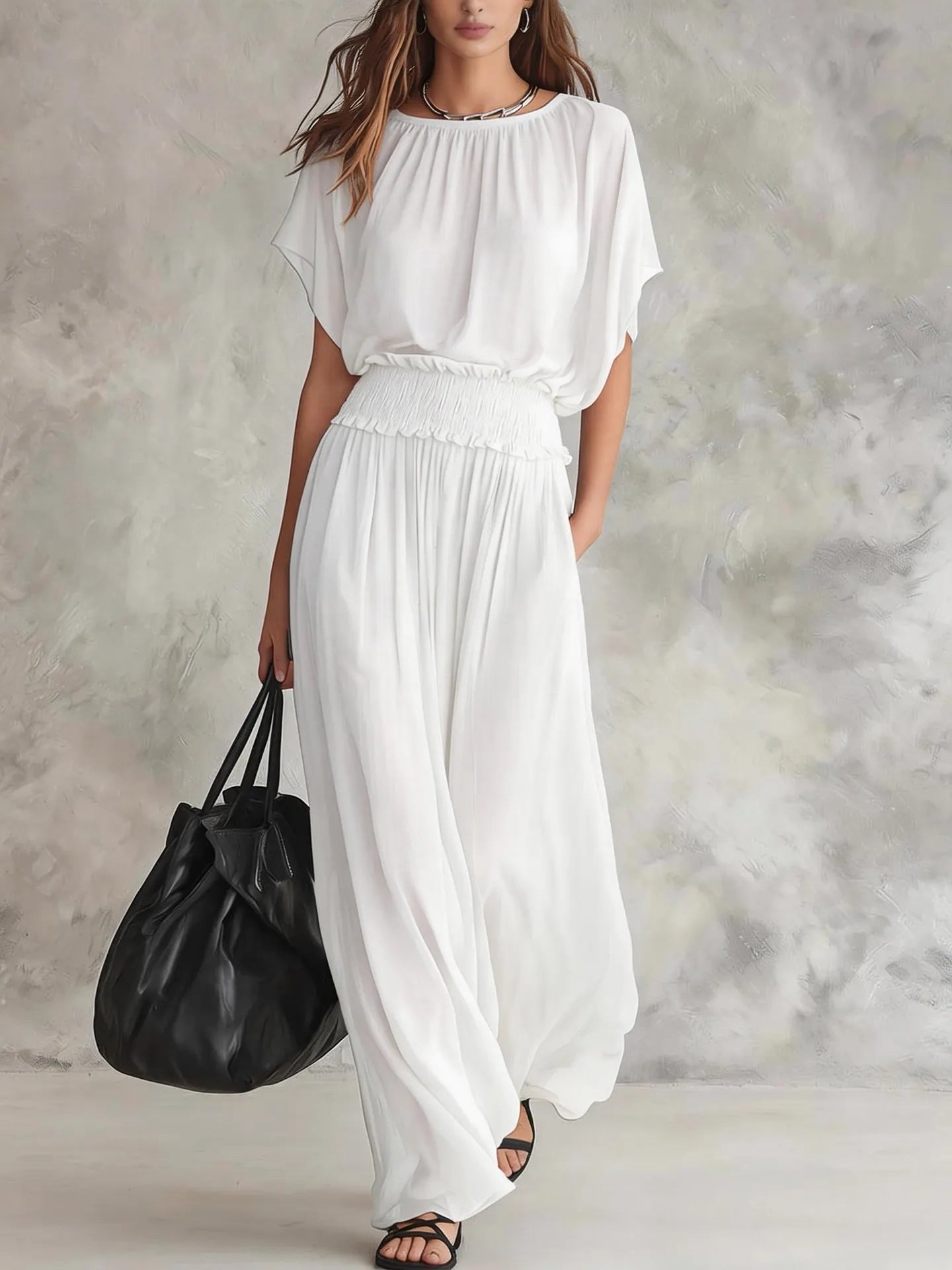 Army Green Batwing-Sleeve Smocked Waist Maxi Dress