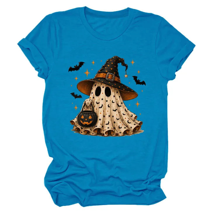 Halloween Ghost Witch Bat Print Crew Neck Short Sleeve T‑Shirt