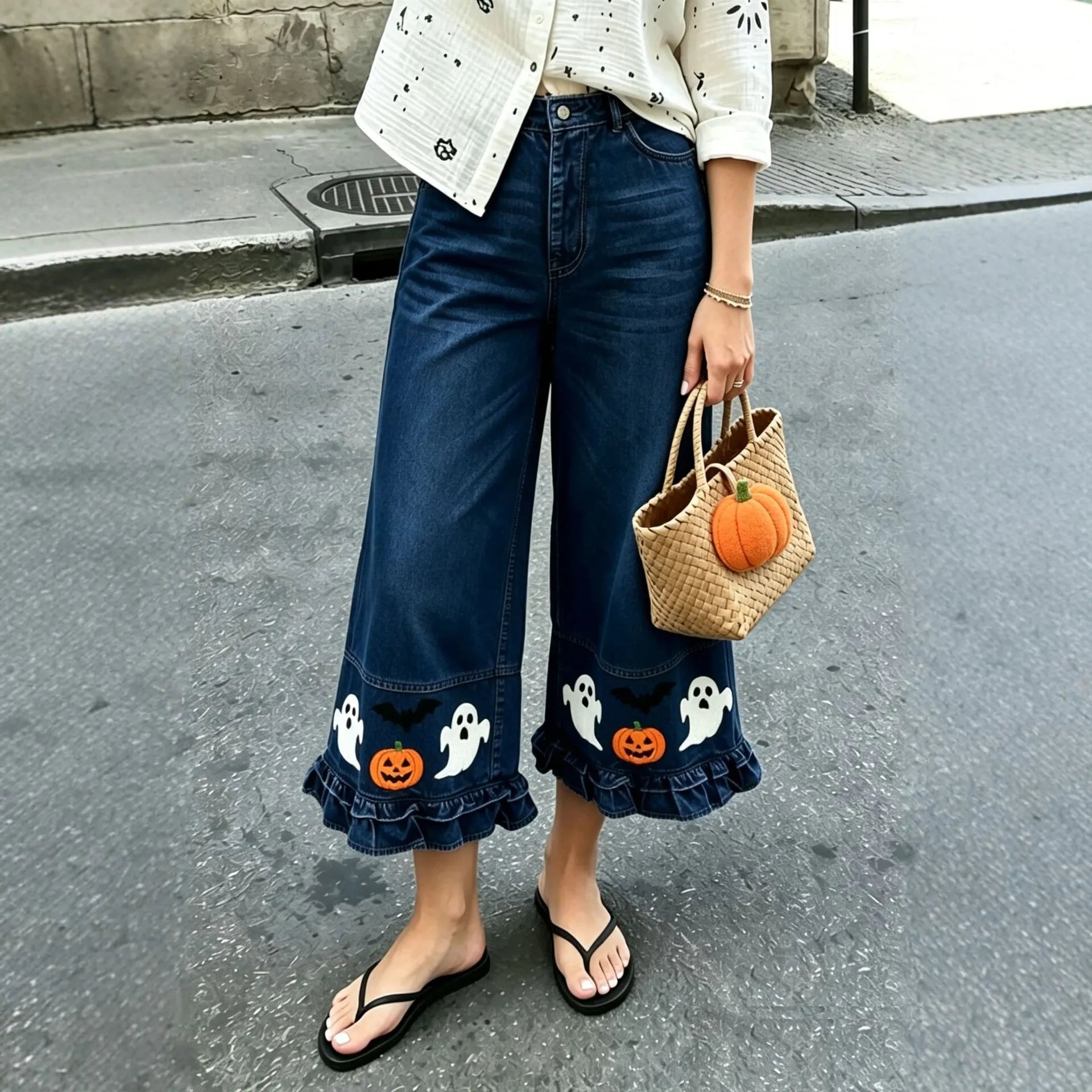Halloween Ghost Pumpkin Ruffle Cropped Wide Leg Jeans