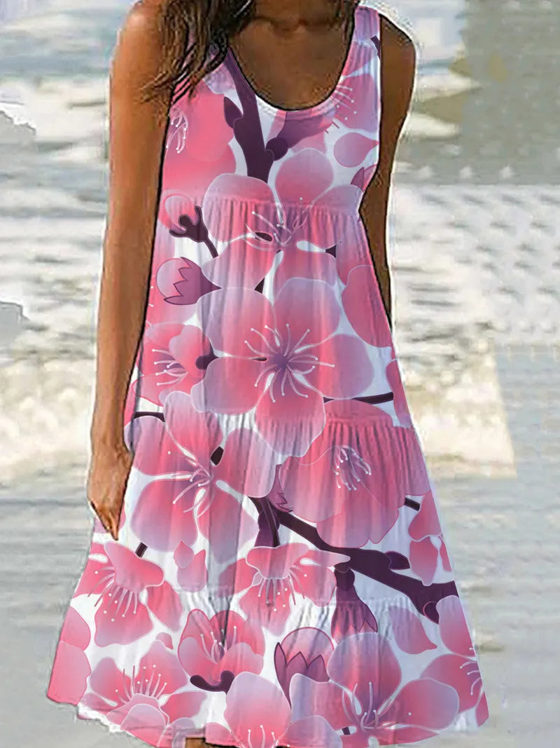 Floral Print Sleeveless Round Neck Tiered Midi Dress