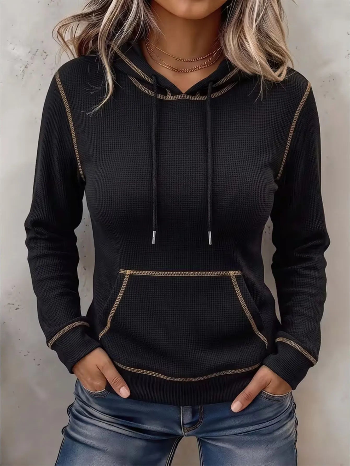 Casual White Waffle Knit Hoodie for Contrast Stitching Long Sleeve Pullover
