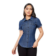 Dark Wash Blue Short Sleeve Denim Shirt