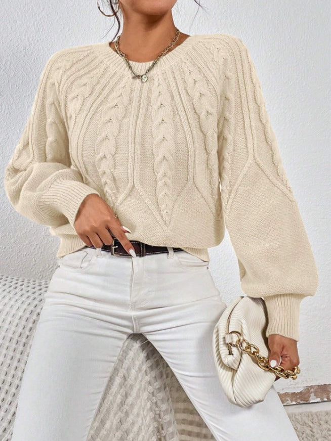 Crew Neck Cable Knit Sweater, Long Lantern Sleeve Loose Solid Pullover