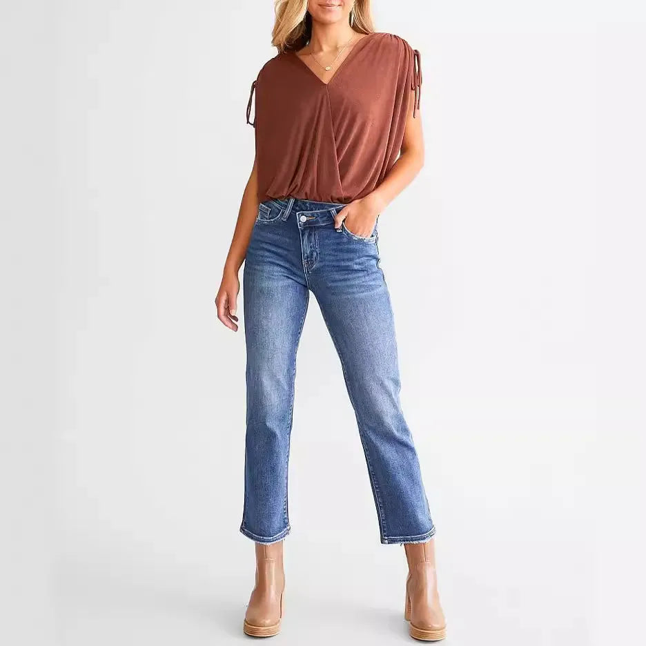 High Waist Straight Leg Cropped Casual Jeans