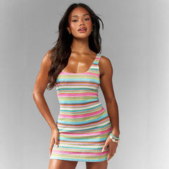 Colorful Stripe U-Neck Sleeveless Bodycon Mini Dress