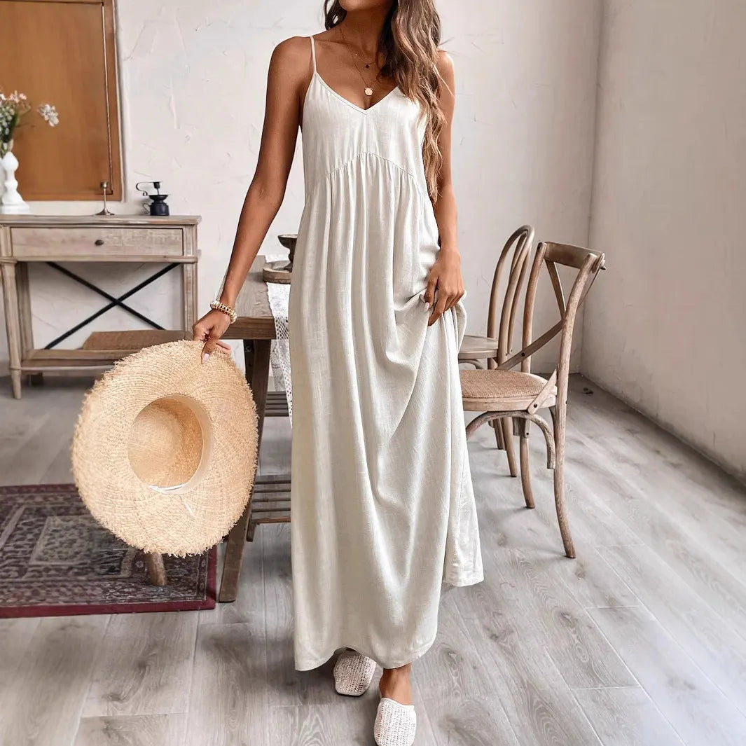 Solid V-neck Spaghetti Strap Ruched Flowy Midi Beach Dress
