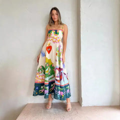 Whimsical Art Print Spaghetti-Strap Maxi Dress