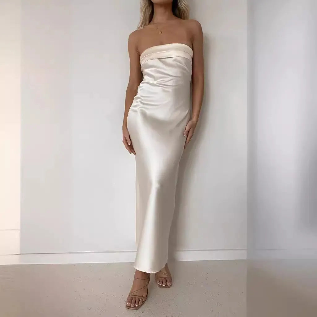 Solid Strapless Satin Bodycon Maxi Dress