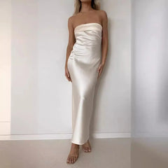 Solid Strapless Satin Bodycon Maxi Dress