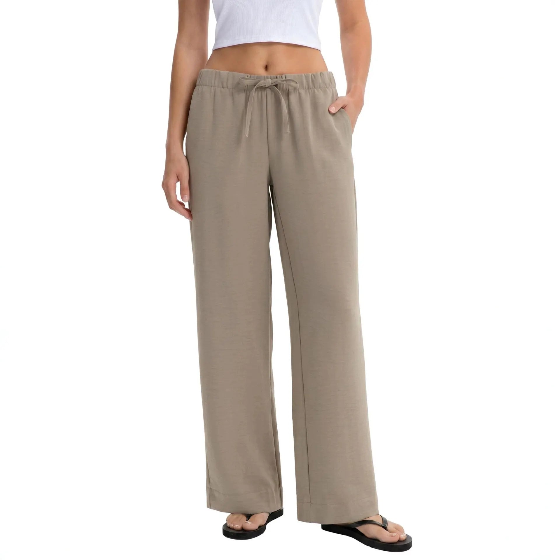 Drawstring Elastic Waist Wide Leg Casual Long Pants Solid Color Loose Trousers