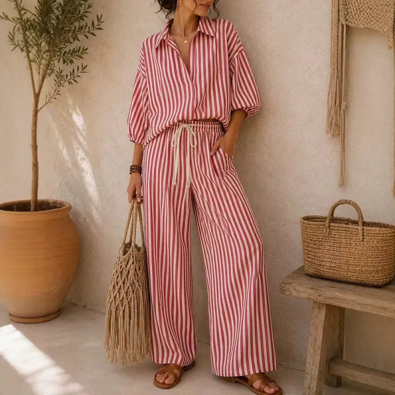 Vertical Stripe Lapel Shirt & Drawstring Wide Leg Pants