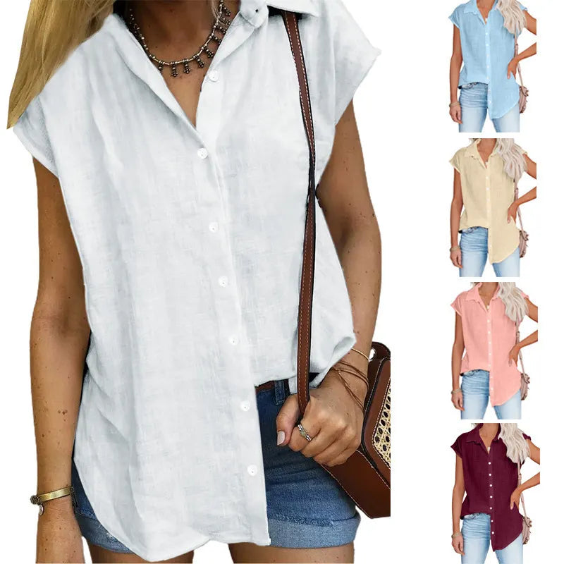 White Sleeveless Button Down Shirt, Loose Fit Linen Blend Blouse for Summer