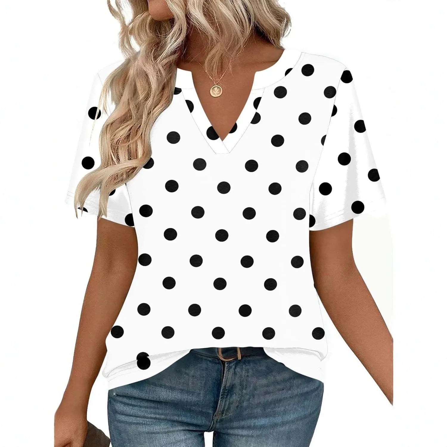 Color Block Vertical Stripe Split V Neck Short Sleeve Polyester Pullover Top