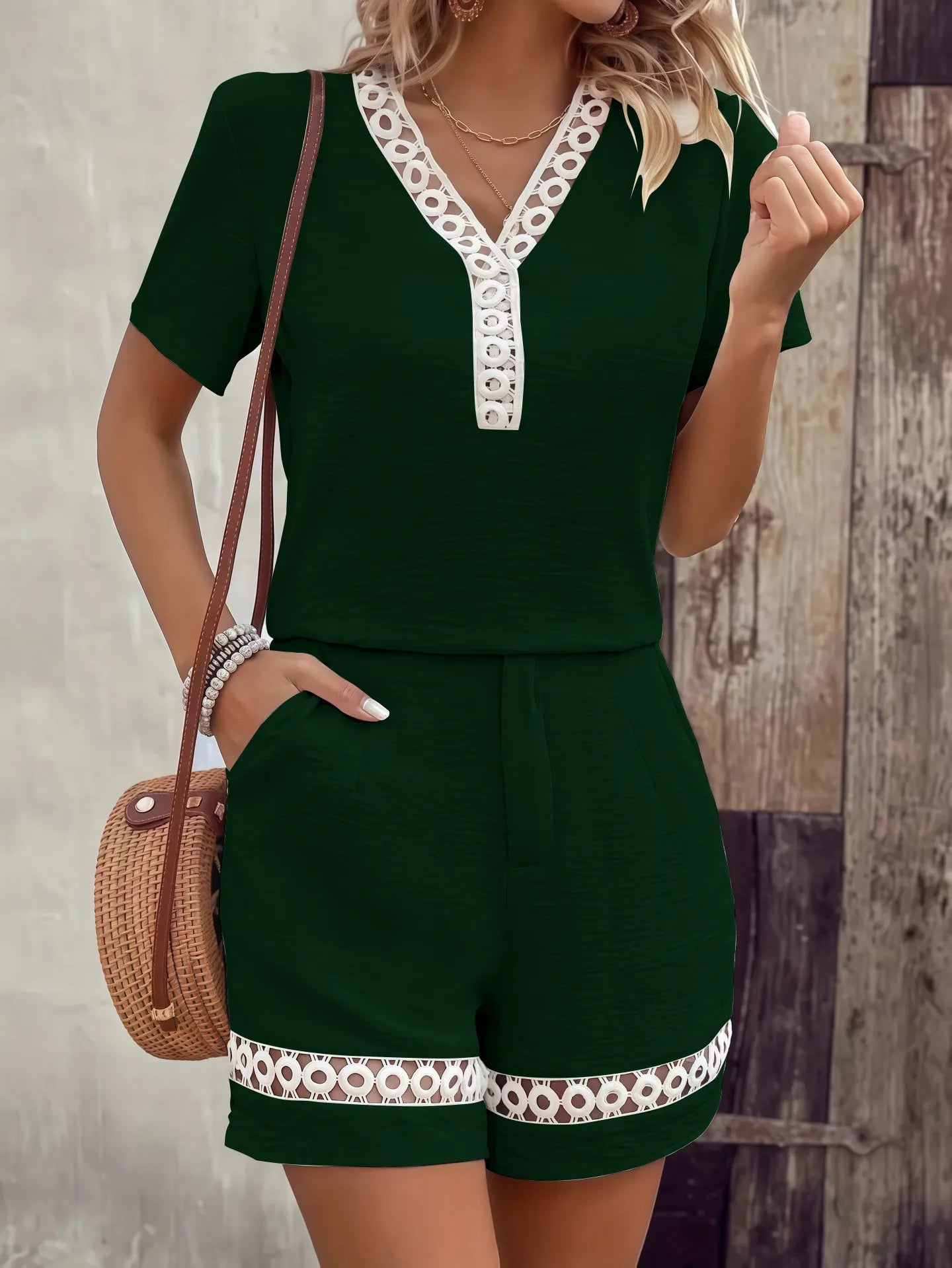 Lace Hollow Out V-Neck Top & Shorts Two-Piece Set