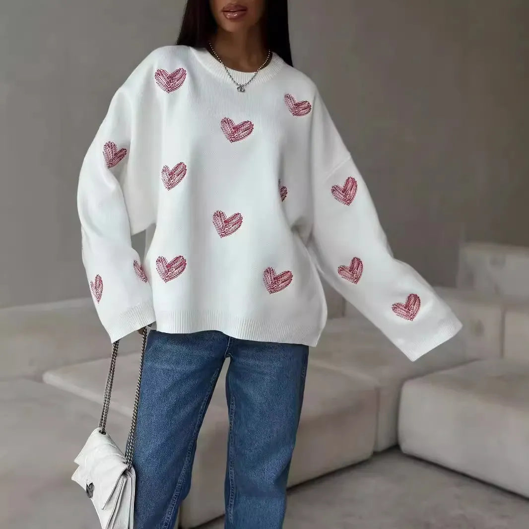 Cozy Heart Embroidered Oversized Sweater, White Round Neck Long Sleeve Casual Autumn Top