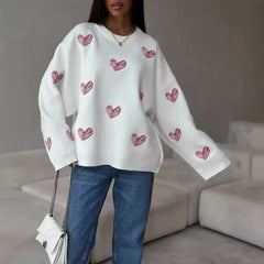 Cozy Heart Embroidered Oversized Sweater, White Round Neck Long Sleeve Casual Autumn Top
