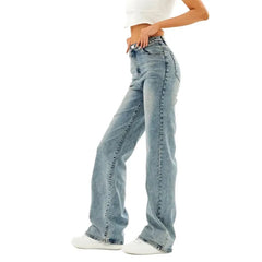 High Waist Stone Washed Blue High Stretch Loose Wide Leg Full Length Denim Jeans