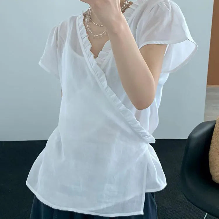 Ruffle Trim V Neck Wrap Front Solid Short Sleeve Minimalist Blouse