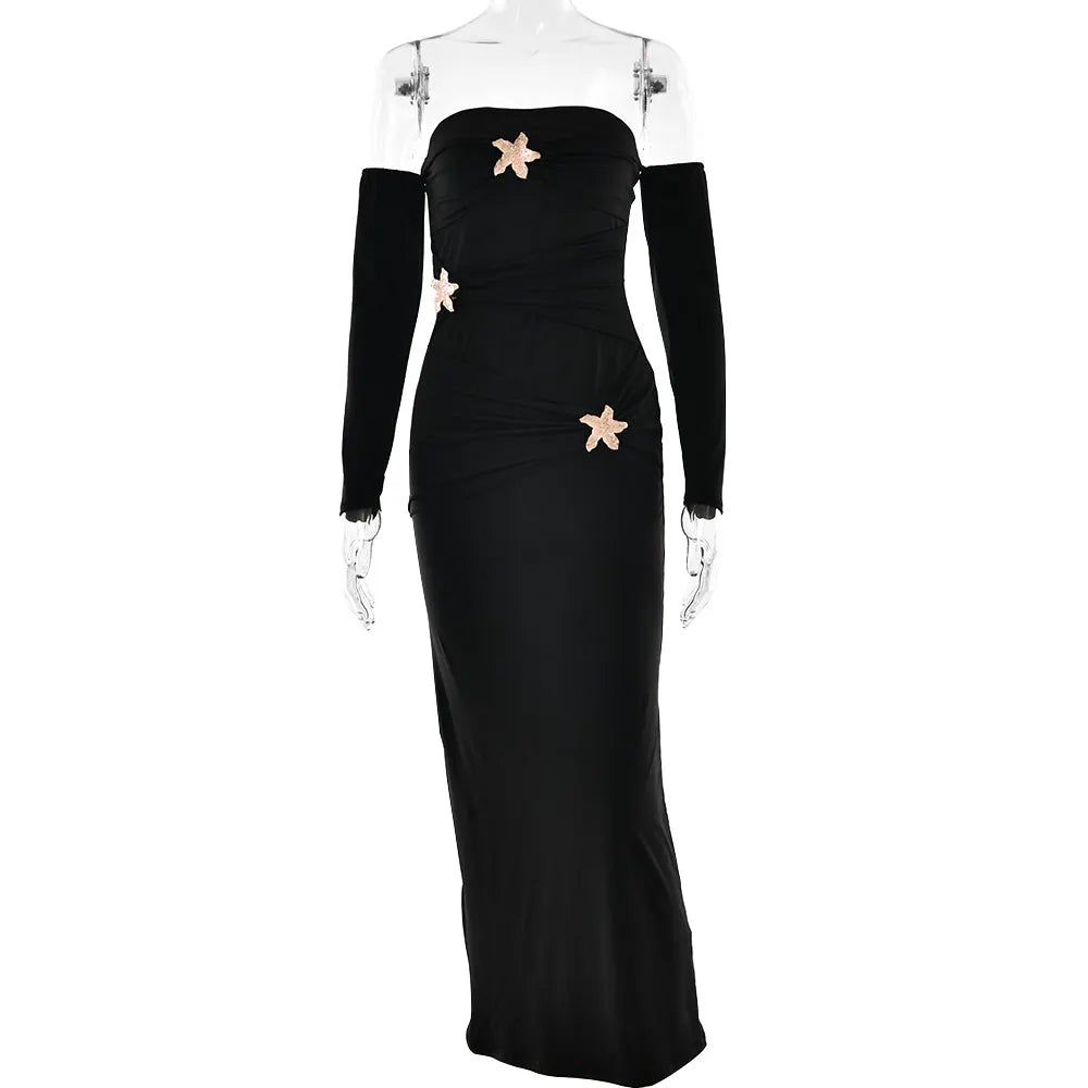 One-Shoulder Ruched Maxi Dress with Rhinestone Embellishments