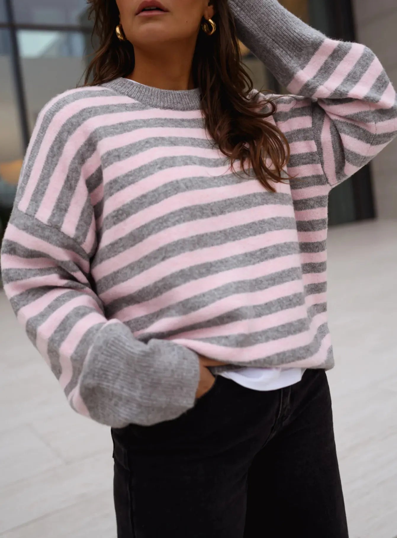 Bold Striped Loose Knit Jumper Crew Neck Drop Shoulder Casual Long Sleeve Sweater