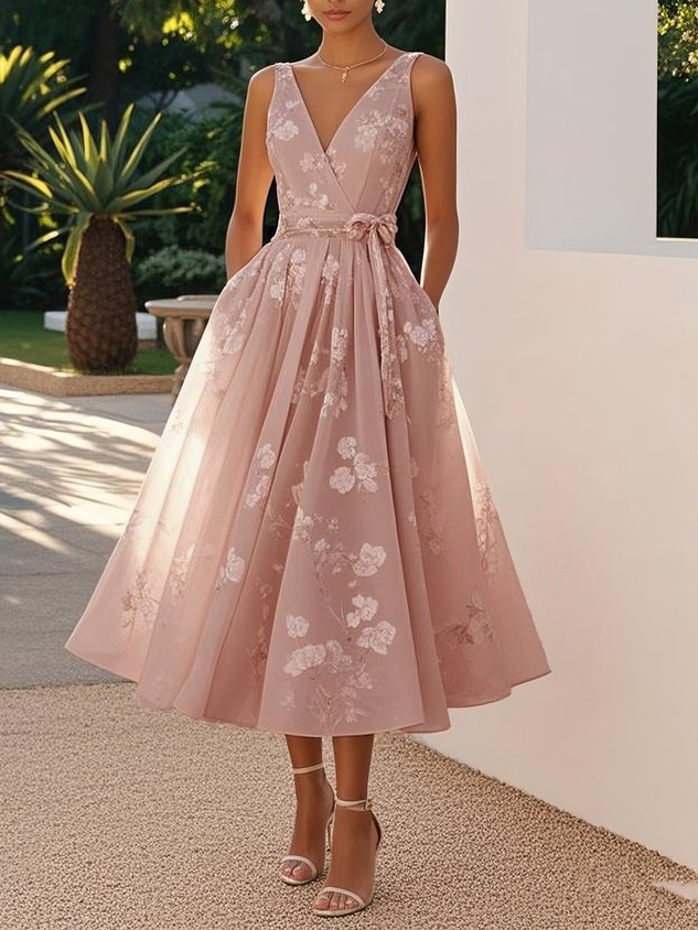 Light Pink V-Neck Sleeveless A-Line Midi Dress