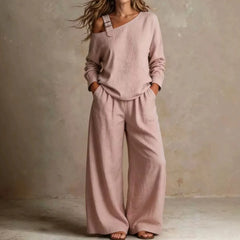 Buckle Detail Cold Shoulder Top Wide Leg Linen Pants Set
