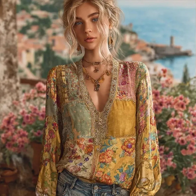 3D Digital Print V-Neck Lantern Long Sleeve Retro Casual Blouse