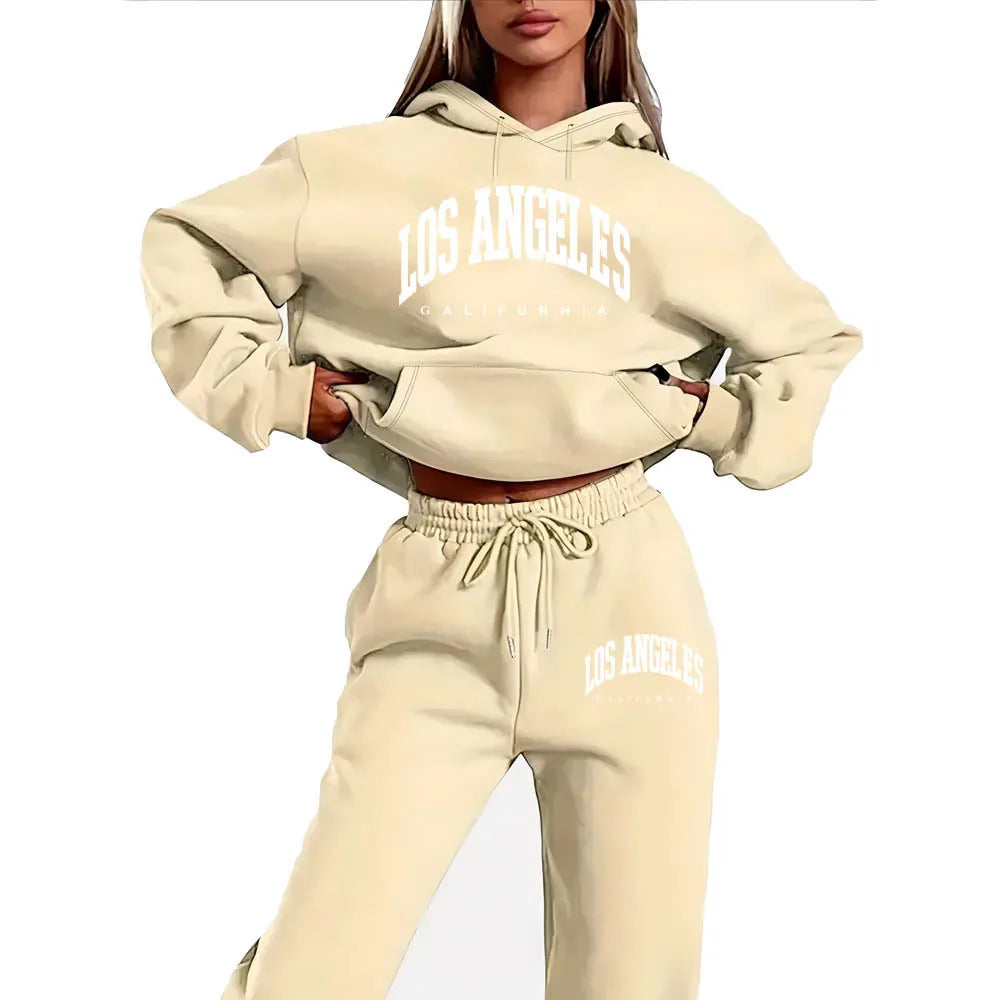 Los Angeles Letter Print Hoodie & Drawstring Sweatpants Two Piece Tracksuit