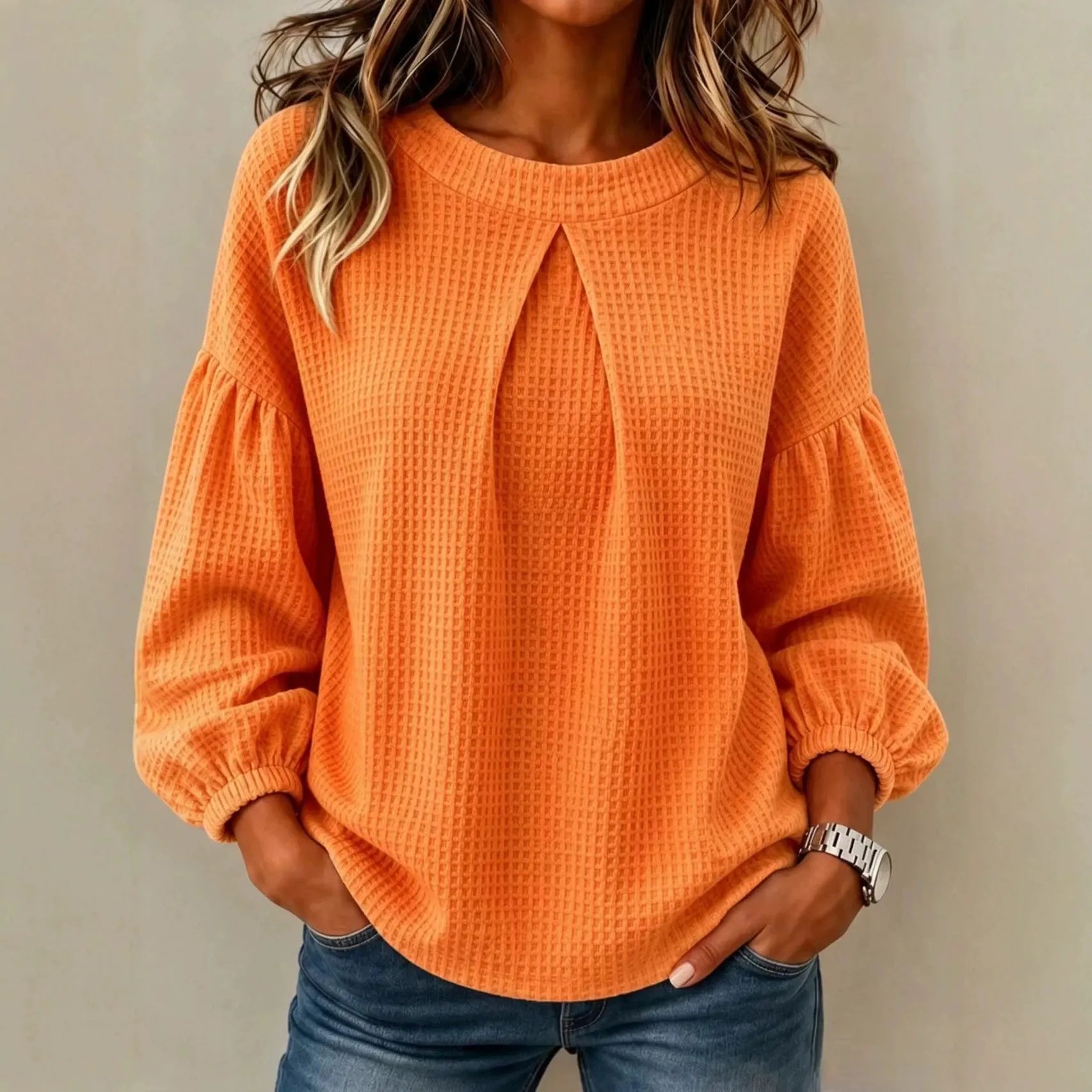 Waffle Knit Round Neck Blouse Pleated Front Balloon Long Sleeve Loose Casual Top