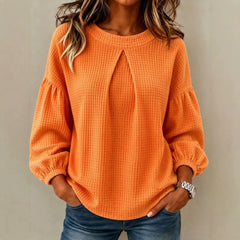 Waffle Knit Round Neck Blouse Pleated Front Balloon Long Sleeve Loose Casual Top