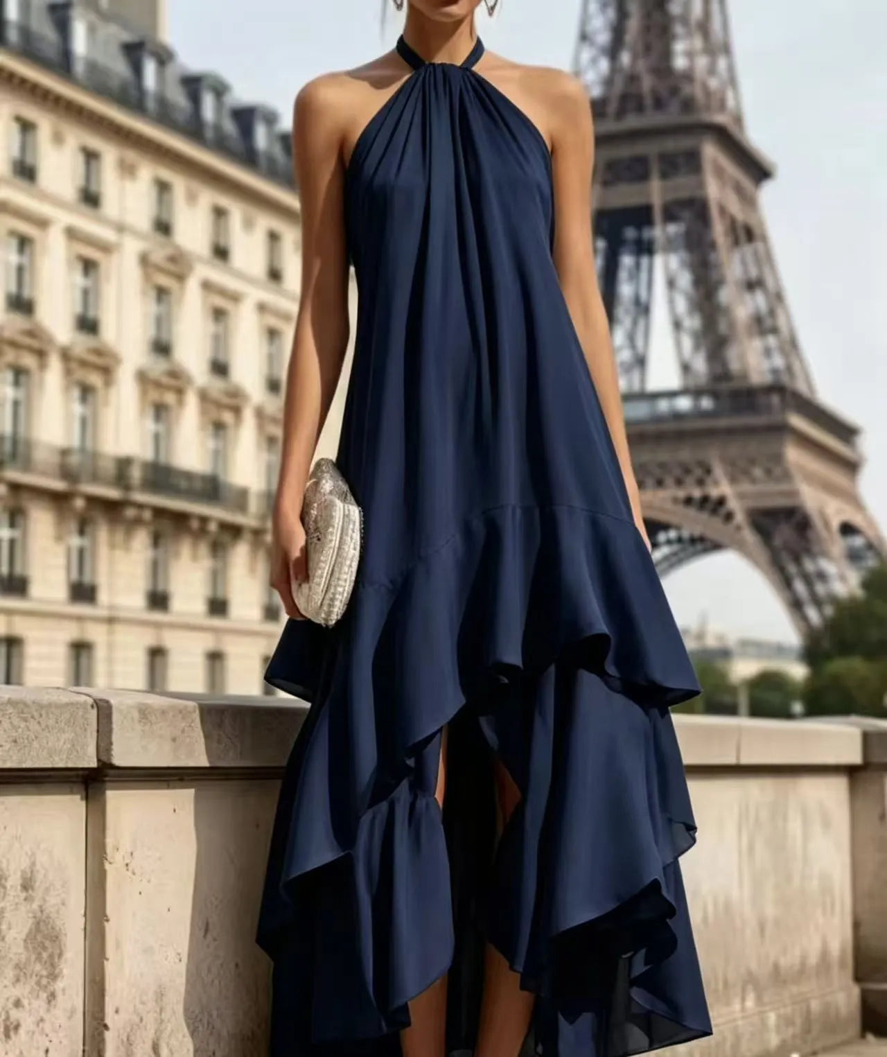 Halter Neck Sleeveless Solid Color Ruffle Asymmetrical Maxi Dress
