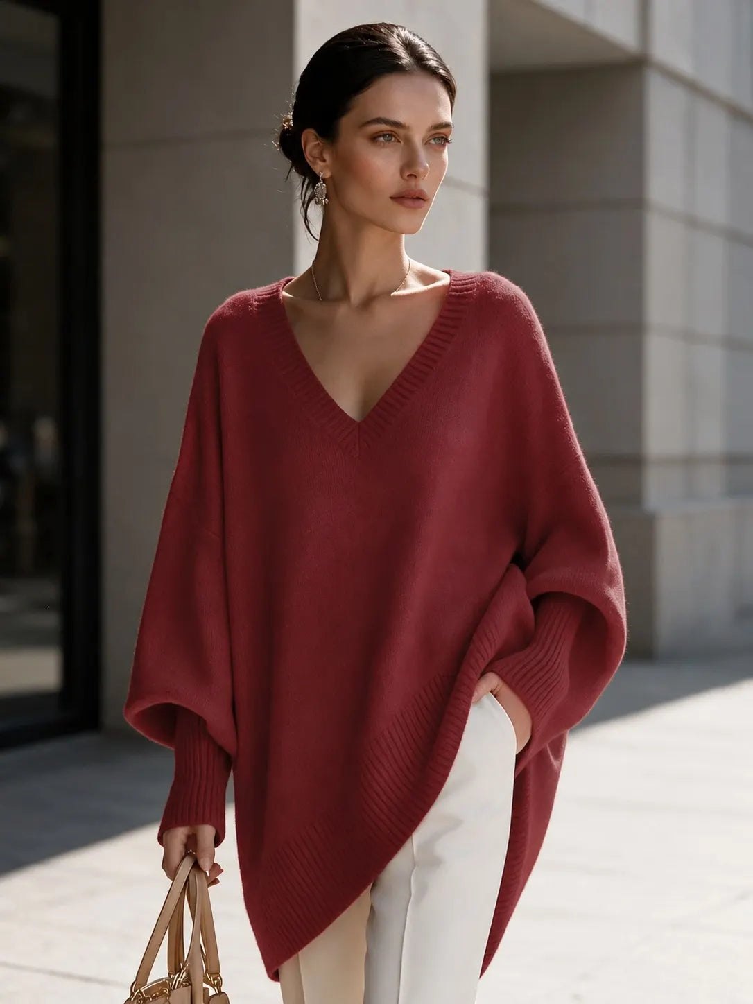 Dusty Pink Oversized V Neck Tunic Sweater, Batwing Long Sleeve Soft Knit Top