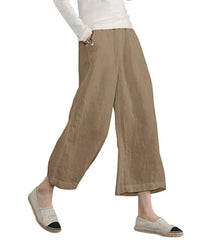 Navy Elastic High Waist Linen Cropped Wide Leg Pants