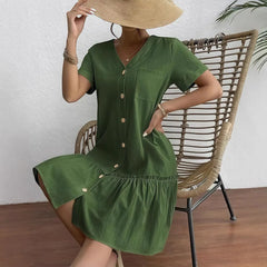 V Neck Short Sleeve Button Down Ruffle Hem Midi Dress