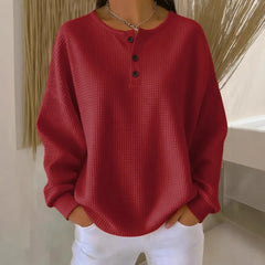Casual Oversized Waffle Knit Top, Henley Button Neck Long Sleeve Tee