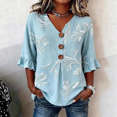Round Neck Floral Printed Single Breasted 3/4 Ruffle Sleeve Loose Blouse