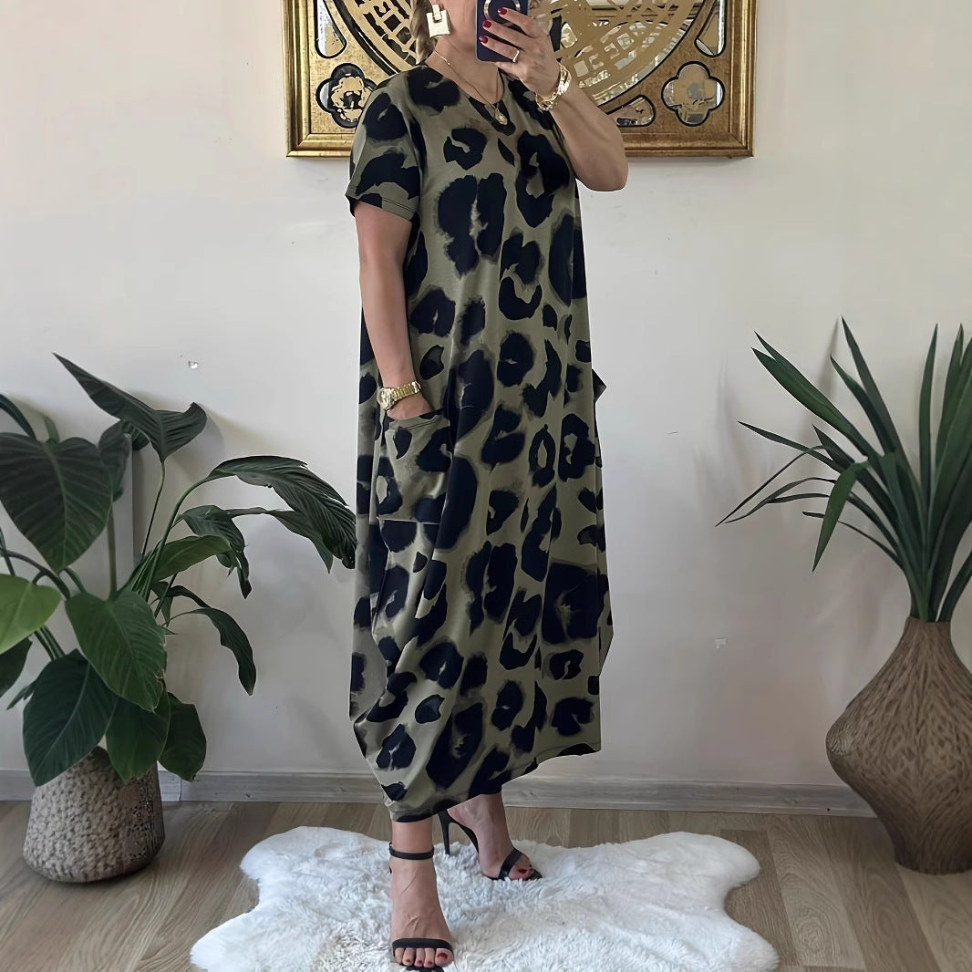 Leopard Print Maxi Dress Oversized Loose Fit Pocket Dress